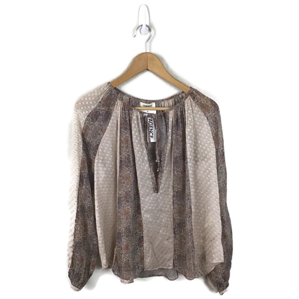 L'Agence Top L Beige Gray Print Pleat Sheer Blouse